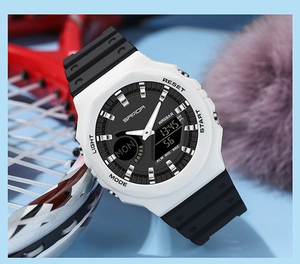 Detail of Samoa dual display watch with WR5BAR water resistance and resin strap