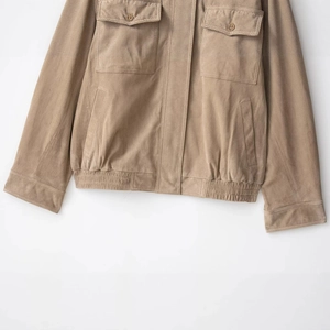 Men's khaki suede jacket with chest pockets and elastic hem shown in a detailed flat lay