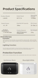 Detailed technical specifications and product dimensions for the flame aroma diffuser model LA0630