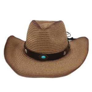Western Cowboy Straw Hat Woven Wide Brim Sunshade Beach Retro Turquoise Leather Band Adjustable Wind Cord