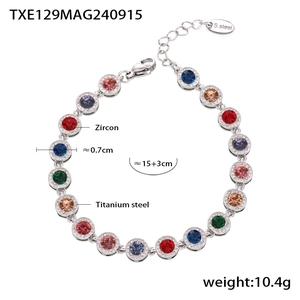Macro shot showing titanium steel bracelet with multi-color cubic zirconia and measurements