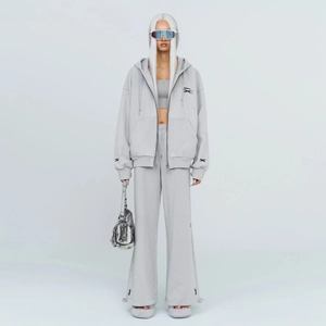 Light gray cotton wide-leg tracksuit with zip hoodie and metallic bag in minimalist style