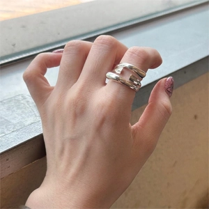 Minimalist S925 sterling silver adjustable open ring with layered irregular line design