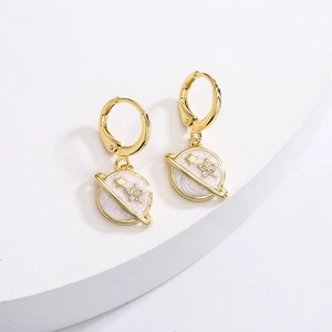 Gold plated hoop earrings with white round planet charms featuring micro zircon stars