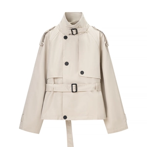 Trench-Coat Court Pour Femmes Sergé Polyester Col Montant Ceinturé Croisé Vêtements D'Extérieur Veste Mode Élégante Abricot