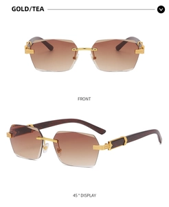 Detailed front and side view of rimless metal sunglasses with wood grain textured temples