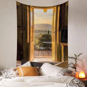Detail of bohemian tapestry featuring a sun-drenched balcony with scenic Tuscan hills view