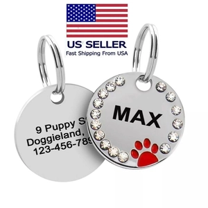Stainless Steel Round Pet ID Tag Sparkling Rhinestone Edge Paw Print Design Dog Cat Accessory Identification Pendant