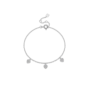 Elegant S925 sterling silver chain bracelet featuring three diamond-set heart pendants
