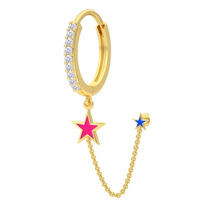 Gold chain earring with pink and blue enamel stars and sparkling cubic zirconia stones