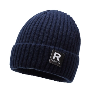 Men's navy blue ribbed knit winter beanie hat with warm thermal lining and R-Fashion patch