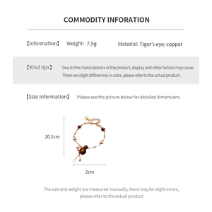 Detailed size specifications for tiger's eye stone bead bracelet with copper charm