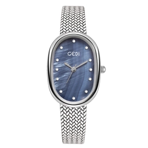 Elegant GEDI women quartz watch with oval silver case and blue mother-of-pearl dial