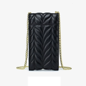 Quilted black leather phone bag with V-shaped stitching and gold chain strap on white background