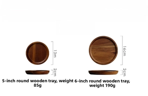Size chart for 5 and 6 inch round wooden trays with diameter and weight specifications