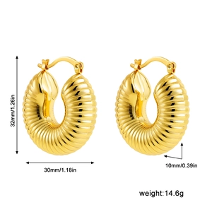 Detailed view of chunky 18K gold hollow hoop earrings with dimensions and weight info