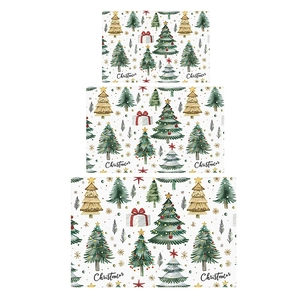 Three-piece Christmas tree entryway rug set with red gift boxes and golden stars