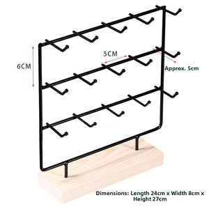 Three-tier black metal jewelry stand with 12 hooks and wooden base, 24x8x27cm