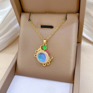 Detail view of colorful crab pendant with crystals on luxury vintage titanium steel necklace