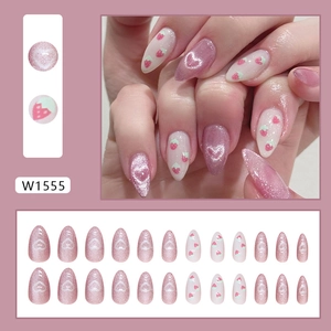 Almond almond cat-eye fake nails with strawberry and heart patterns, 24 pieces set