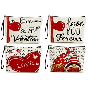 Cosmetic Bag Valentine Day Heart Print Linen Makeup Pouch Travel Toiletry Storage Organizer With Zipper Wristlet