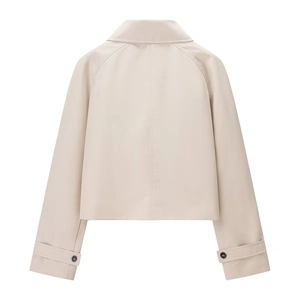 Women's chic beige short trench coat featuring a stylish high collar and raglan sleeves