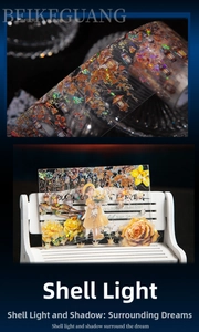 Detail of PET tape featuring iridescent floral patterns and vintage street lamp motifs