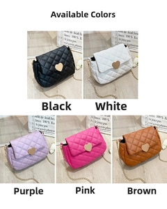 Quilted chain bags with heart locks in black, white, purple, rose red and brown
