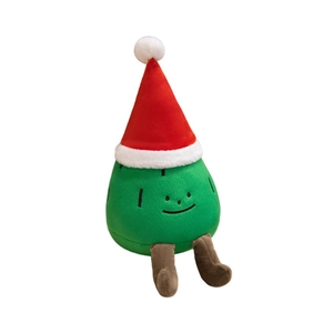 Cute green Christmas tree plush toy with a red Santa hat and legs on white background