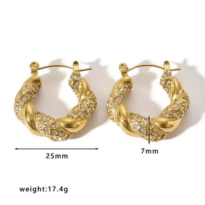 Boucles d'oreilles créoles torsadées en acier inoxydable doré avec strass, diamètre 25 mm
