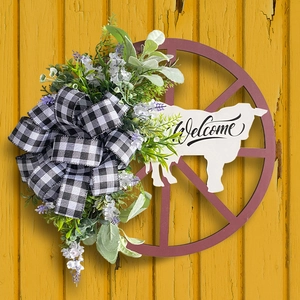 Farmhouse Wagon Wheel Wreath Wood Welcome Sign Cow Silhouette Buffalo Plaid Bow Artificial Plants Front Door Wall Decor