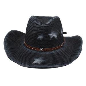 Classic black woven cowboy hat with white star print and studded leather band