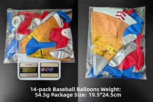 Baseball party balloon set showing a weight of 54.5g on a scale and package dimensions