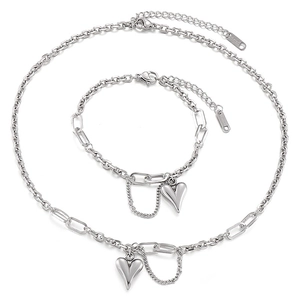 Polished silver stainless steel jewelry set with heart pendant necklace and bracelet