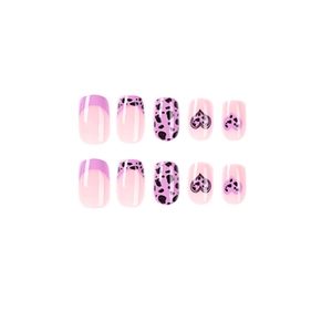 Purple French press on nails with leopard print and black heart pattern on square shape