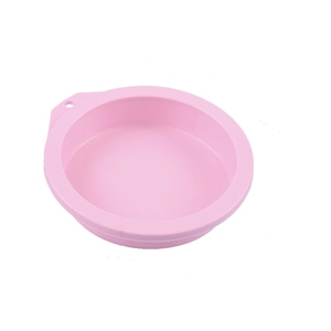 Pink round silicone cake mold for chiffon and rainbow layers with a handle hole