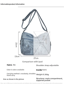 Blue multi-pocket crossbody bag 27x21x13cm size guide with iPad Mini comparison