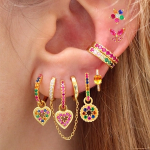 Luxury Colorful Zircon Earrings Copper Gold Plated Vintage Geometric Heart Butterfly Flower Stacking Jewelry For Women