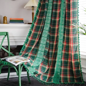 Retro red and green plaid curtain with lace stitching and fringe trim for home decor