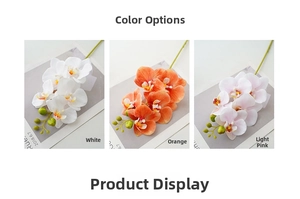 Close-up of artificial phalaenopsis orchids in white, coral orange, and light pink colors