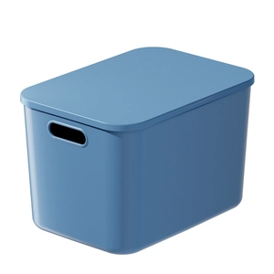 Blue plastic storage box with lid and built-in handles for home organization