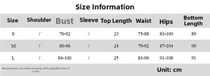 Detailed size chart for women summer crop top and skirt set showing measurements in cm