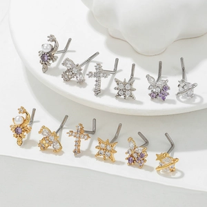 Surgical stainless steel L-shaped nose studs with geometric zircon and animal designs