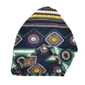 Ethnic bohemian knit beanie hat with blue geometric patterns for autumn and winter