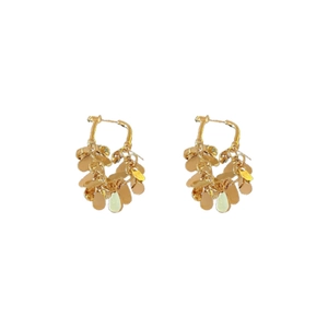Golden wheat leaf tassel earrings with multilayered metallic sequins on white background