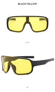 Front and side view of black sports sunglasses with yellow lenses for outdoor cycling