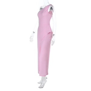 Detail of pink one-shoulder evening dress with high side slit and slim fit fabric