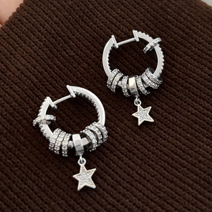 Copper Zircon Star Pendant Hoop Earrings With Steel Earring Post Multi Ring Dangle For Women Minimalist Fashion