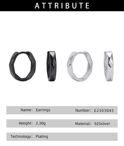 Detailed spec sheet showing S925 sterling silver geometric earrings in silver and black