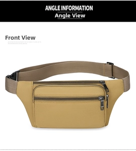 Front detail of khaki durable waist bag with dual zipper compartments and adjustable strap
